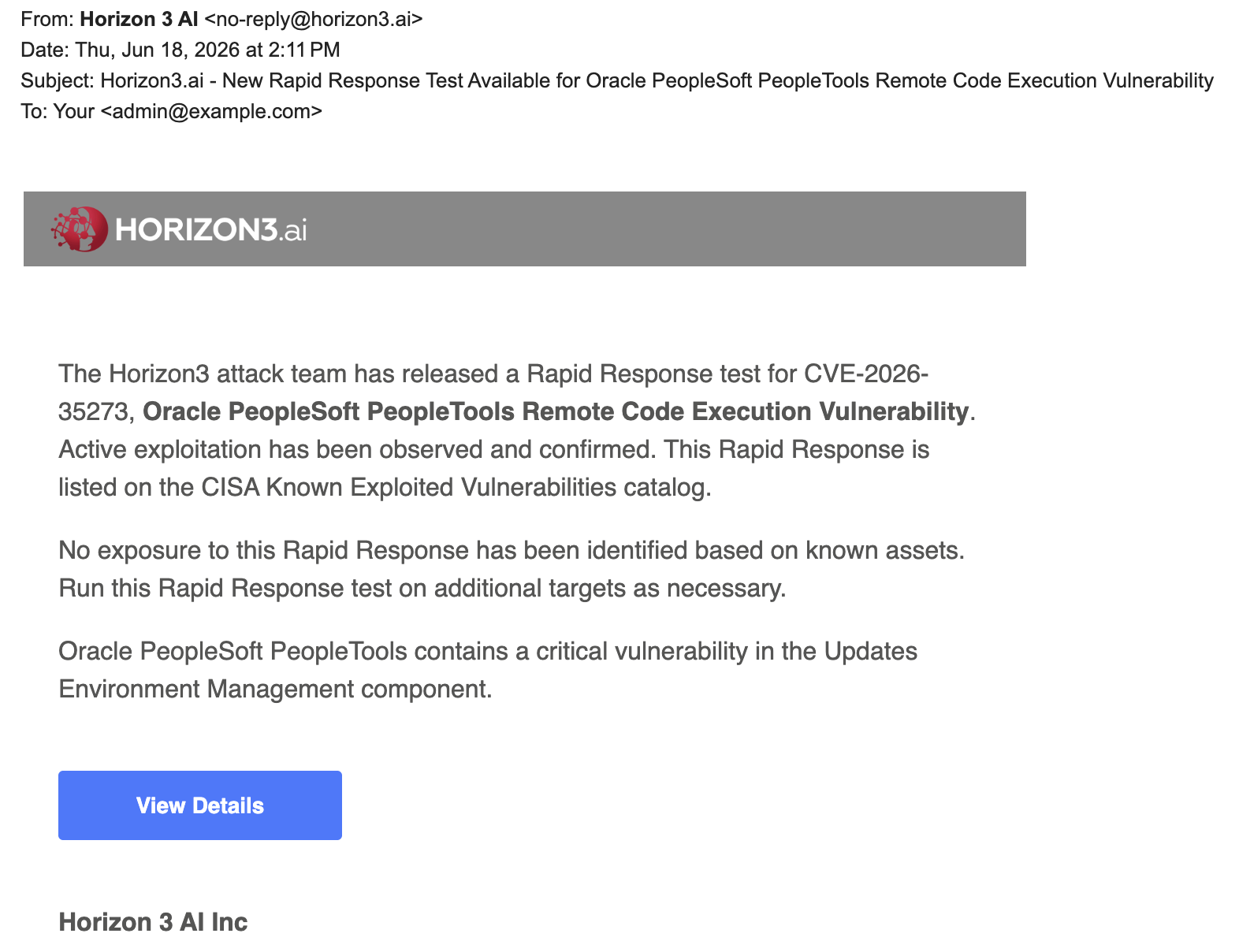 Sample email announcing availability of a new Rapid Response test for a named CVE vulnerability in Oracle PeopleSoft PeopleTools, confirming general exploitability but assessing no exposure for the recipient, with a "View Details" button