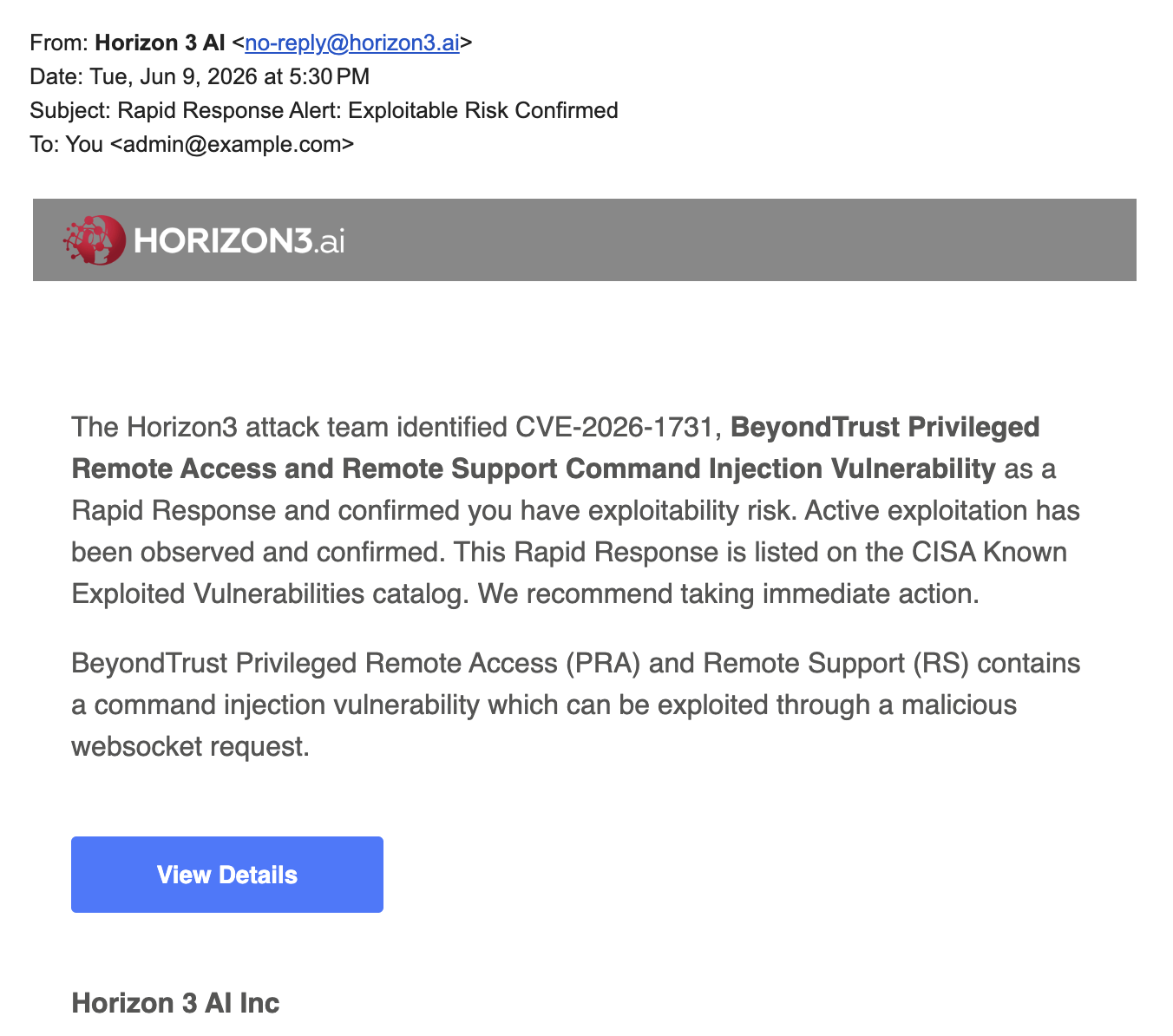Sample email that relates a named CVE/KEV vulnerability to the recipient's confirmed exploitability risk, with a summary of the CVE, guidance to take immediate action to mitigate the risk, and a "View Details" button