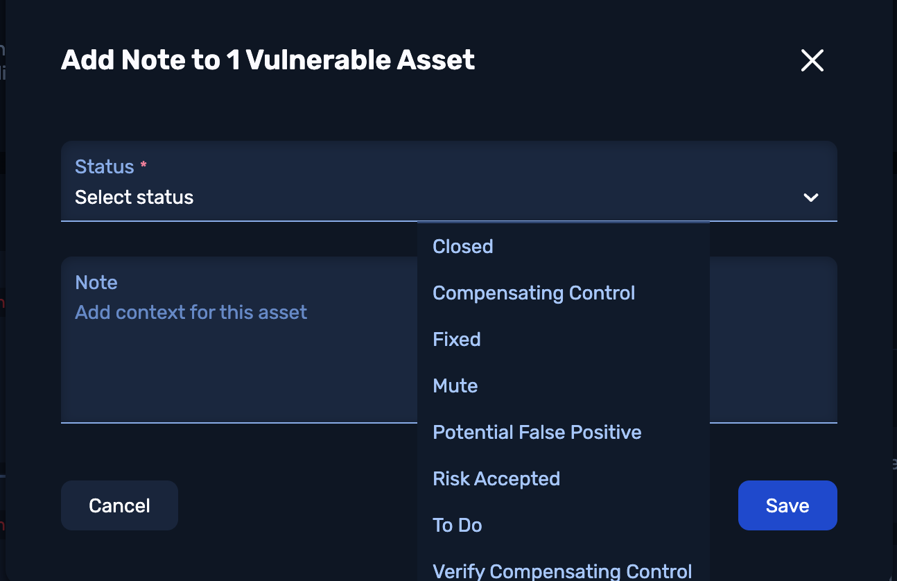 "Add Note to 1 Vulnerabie Asset" modal – composite view showing "Select status" drop-down list unfurled with 8 available statuses, along with free-text "Note" field and "Save" and "Cancel" buttons