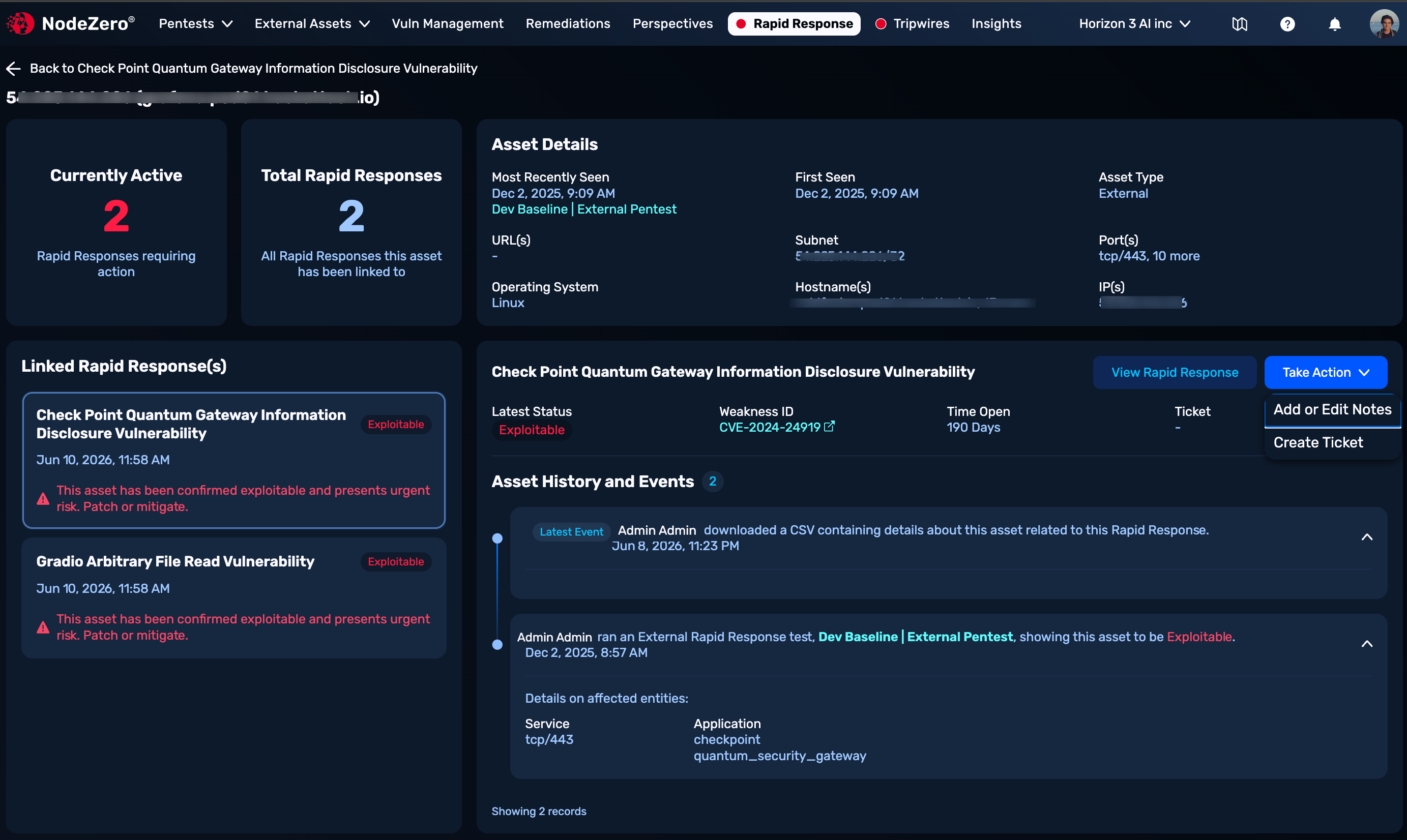 Rapid Response Asset Details page, showing vulnerable assets, linked advisories, asset metadata, open Take Action drop-down, and History and Events timeline