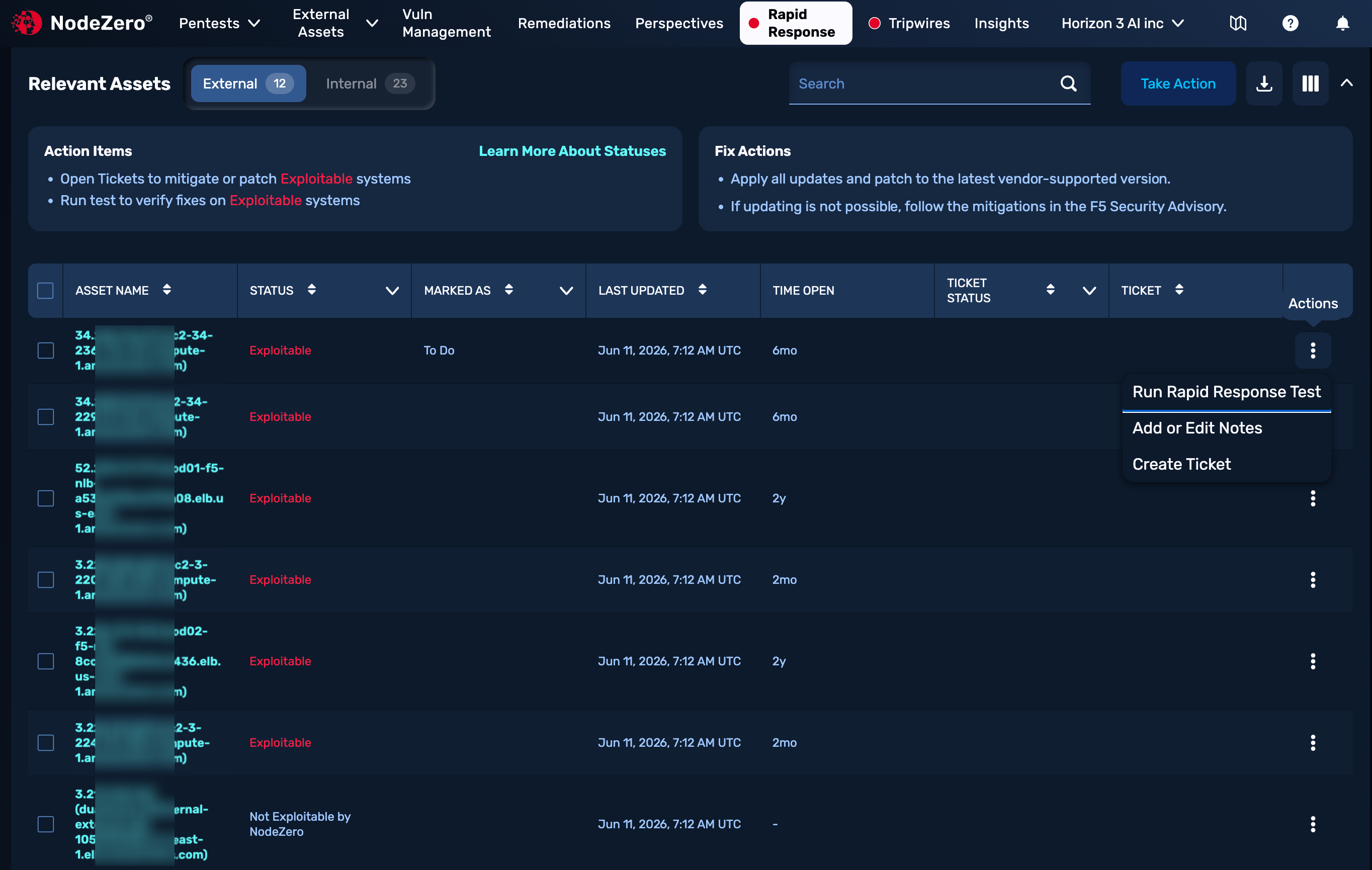 Relevant Assets table with filtering controls, Action Items and Fix Actions guidance panels, Take Action button, six rows of "Exploitable" assets, one "Not Expolitable" asset, and an open Actions menu