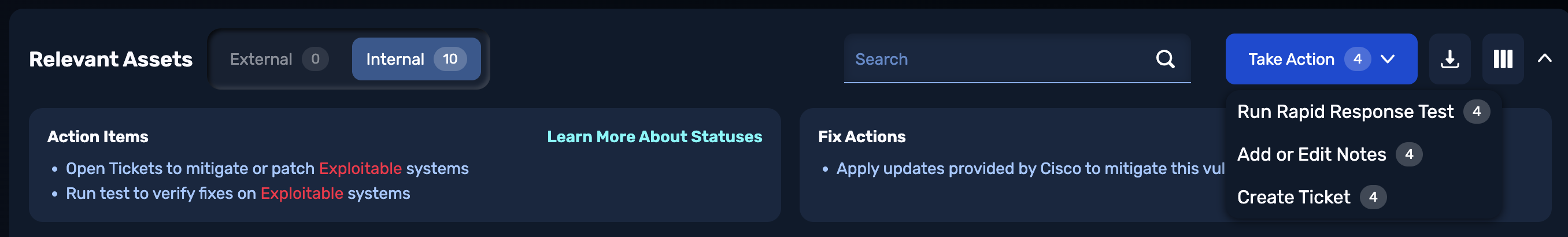 Take Action drop-down opened from Rapid Response Details page, badged with "4" selected assets, and showing options labeled "Run Rapid Response Test," "Add or Edit Notes," and "Create Ticket"