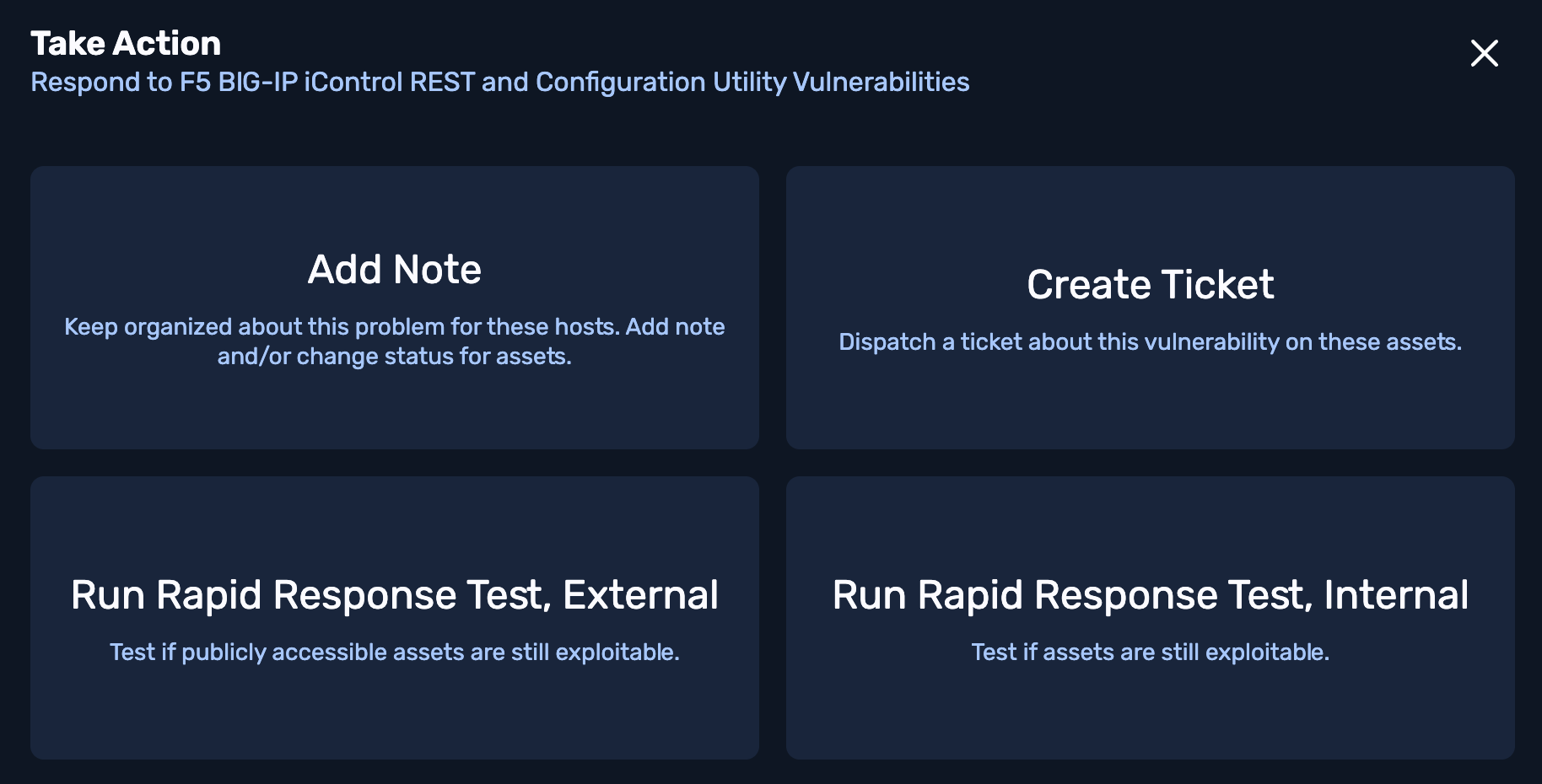 Take Action modal opened from Rapid Response Details page, showing buttons to add a note, create a ticket, or run an external or internal Rapid Response test