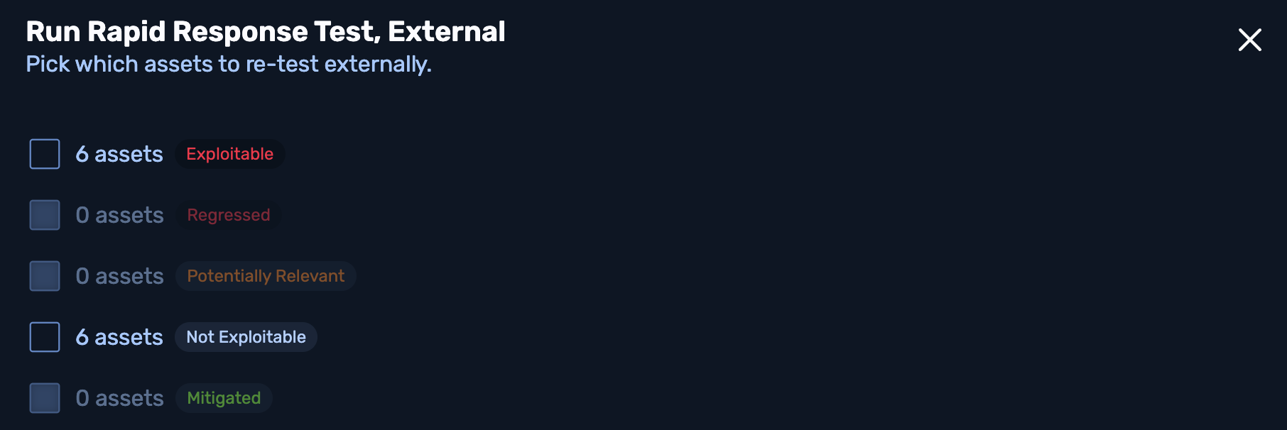 Modal with checkboxes to run an external test against a group of Exploitable or Not Exploitale assets