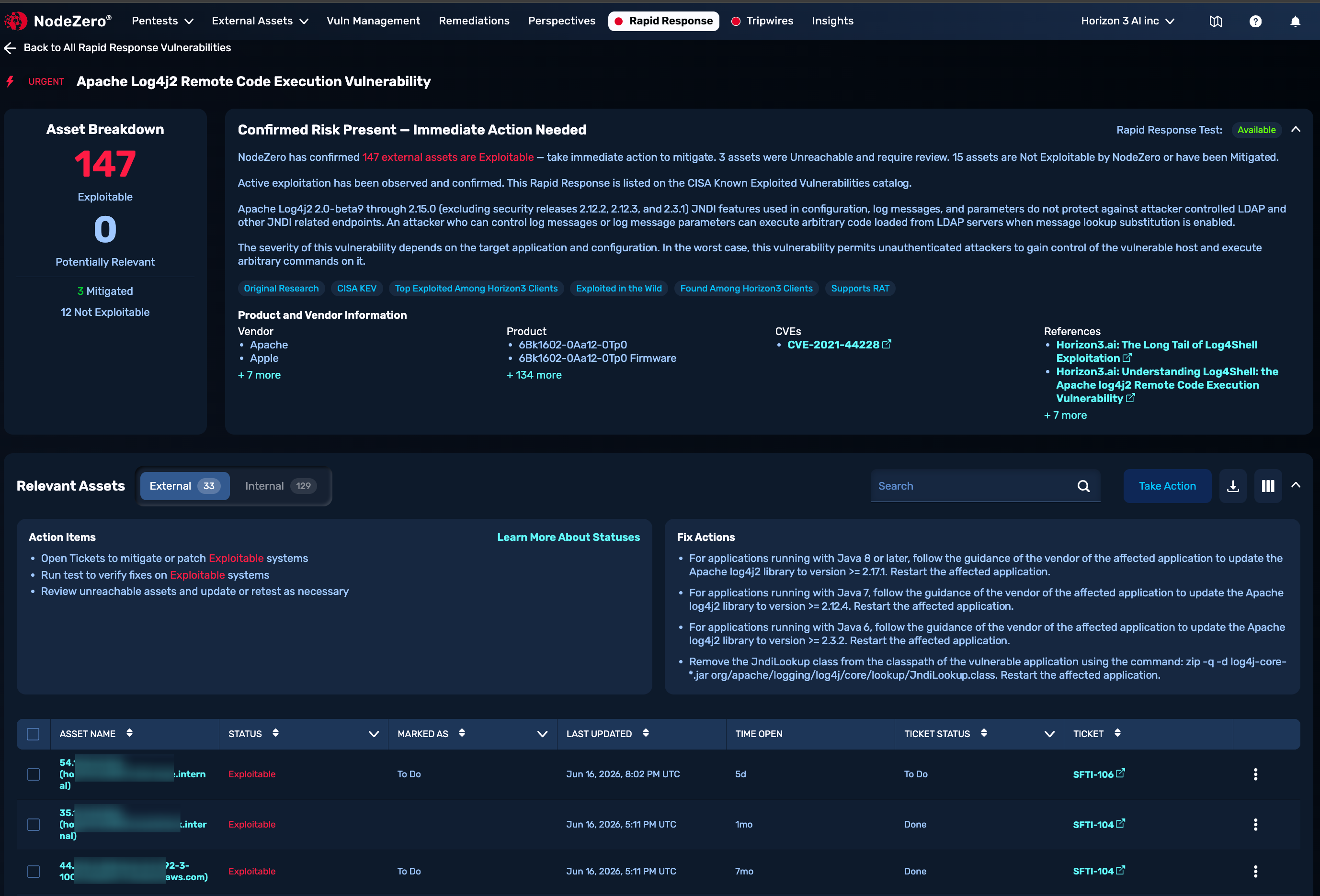 Top of a Rapid Response Details page, showing Asset Breakdown, description, Test link, Vendors and Products affected, CVE or H3 IDs, References links, and top of Relevant Assets section