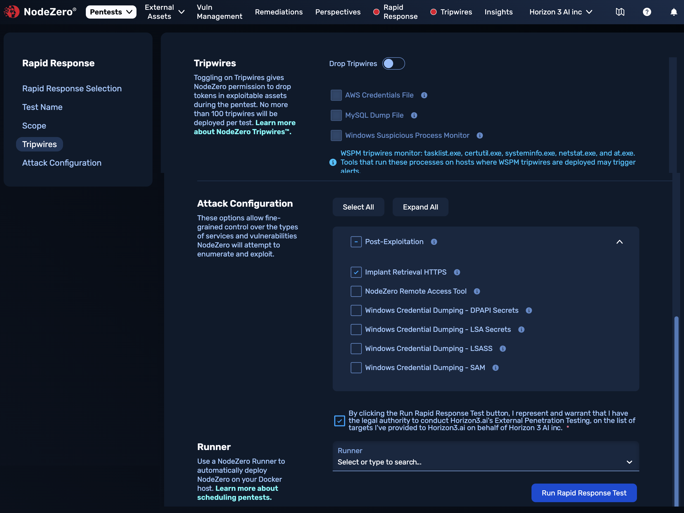 Bottom controls on Rapid Response configuration page: Tripwires section, Attack Configuration section, acknowledgment check box, and "Run Rapid Response Test" button