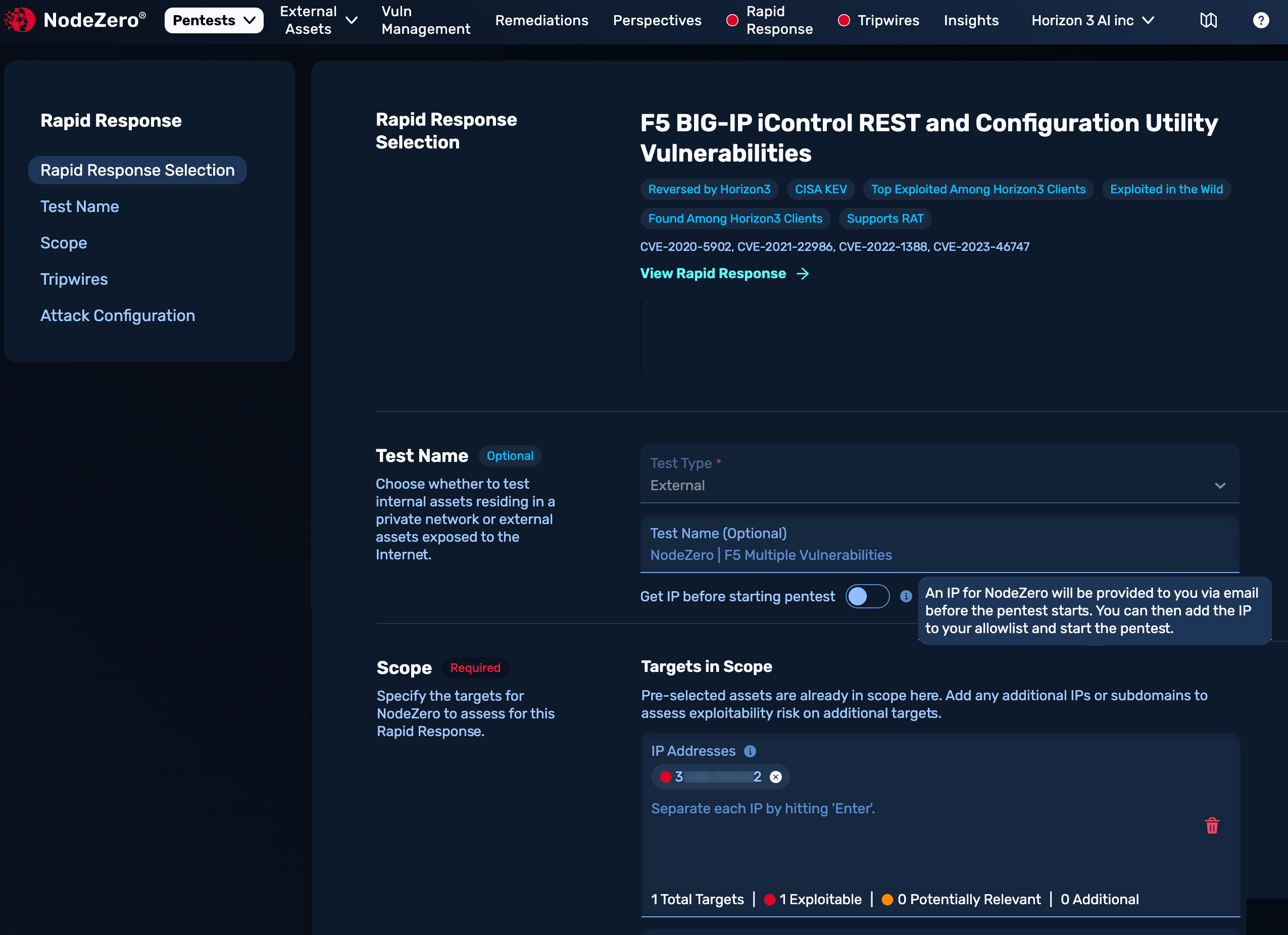 Top three sections of Rapid Response configuration page: Rapid Response Selection, Test Name, and Scope