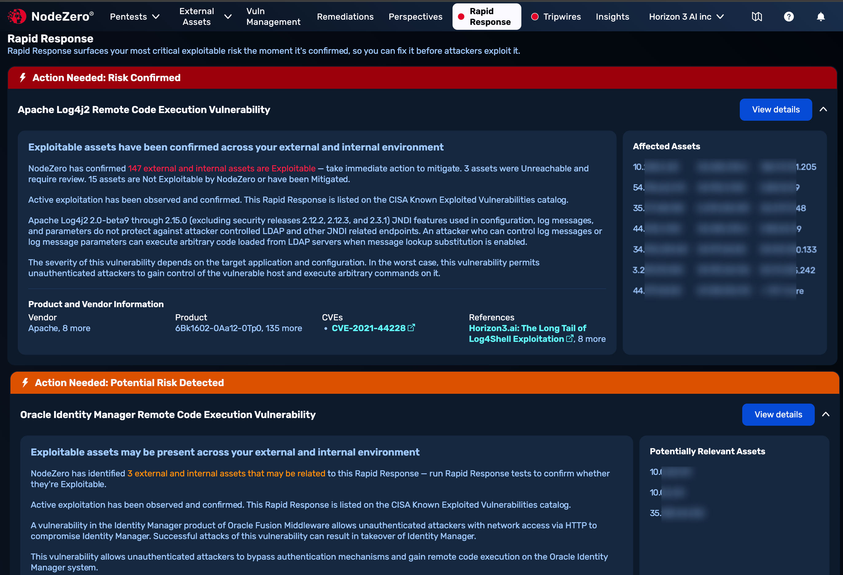 Rapid Response Portal view, showing one "Risk Confirmed" and one "Potential Risk Detected" card